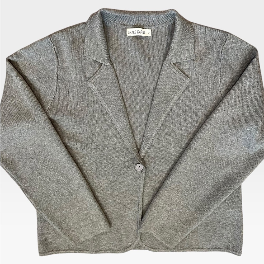 Grace Karin Grey Knit Cardigan Sweater Collared Single Button Long Sleeve XL